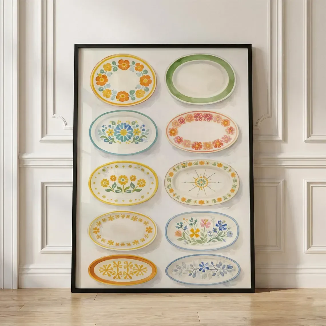 Charming Vintage Platter Watercolor Wall Art - Serene Print Celebrating Retro Tableware. The Soft Watercolor Style and Vibran