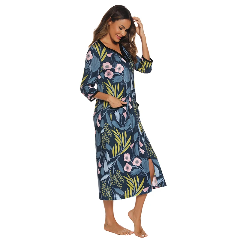 Autumn Women Home Clothes Printin Zip Front Robe Coat With Pockets V Neck Half Sleeve Long Maternity Night Wear Women Bathrobe