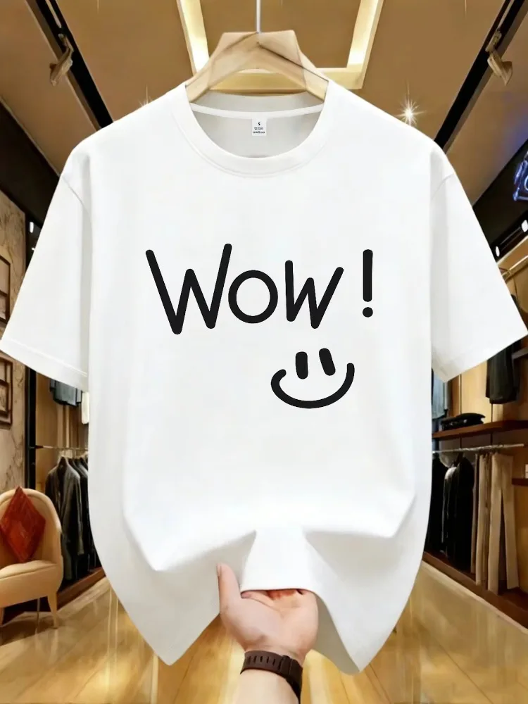 T-shirt d'été pour hommes en pur coton, décontracté, ample, à la mode, simple, avec motif de visage souriant imprimé, confortable, col rond, manches courtes