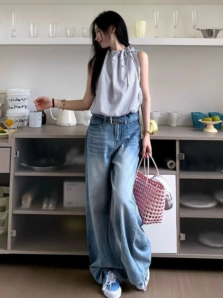 Deeptown Y2K Vintage hoch taillierte blau gewaschene und verzweifelte Jeans Frauen amerikanische Retro Streetwear Harajuku Baggy Hose 1920er Jahre