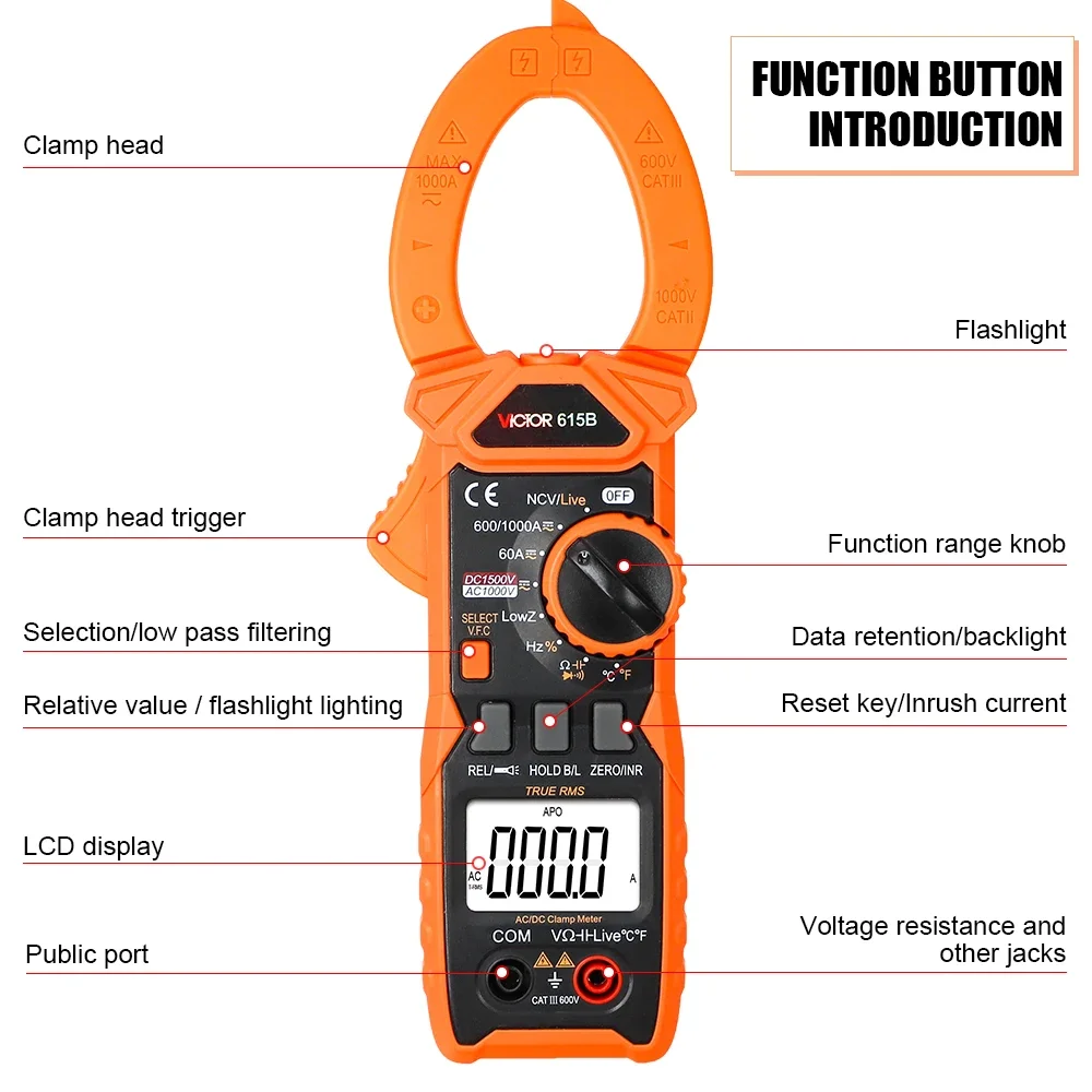 RUOSHUI 615B Digital Clamp Multimeter DC 1500V Intelligent Voltage Tester 6000 Counts Current Frequency Backlight NCV Ohm Meter