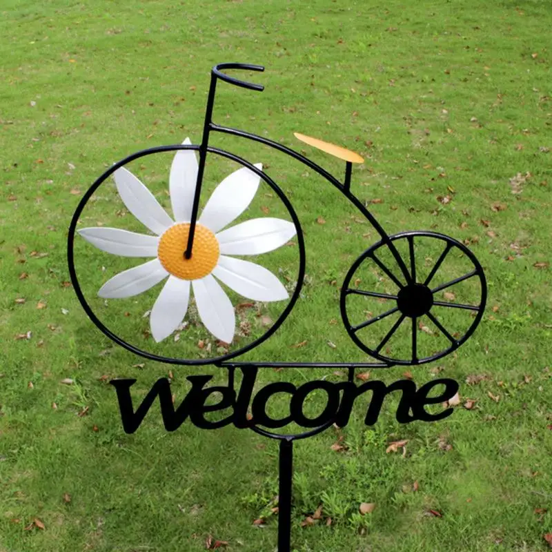 

Sunflower Spinner Windmill Creative Garden Welcome Stake Ornament Iron Bicycle Wind Spinners Outdoor Parks Decorative Gadgets