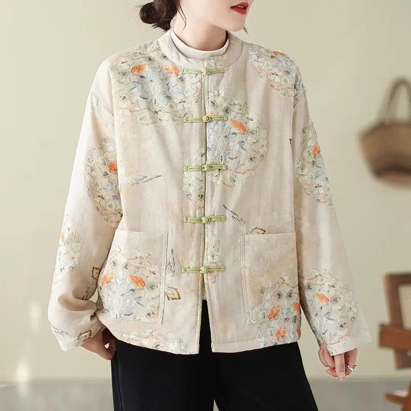 Chinese Style Cotton And Linen Printed Jacket For Women Autumn Winter Cotton Padded Coat Double Breasted Buttoned Top K2474