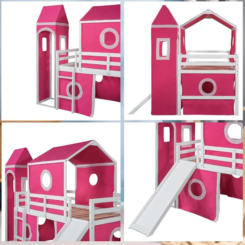 Twin-Size Kids Loft Bed with Slide, Pink Tent & Tower, Toddler Playhouse, Wooden Loft Bed with Guardrail, Fun Under-Bed P