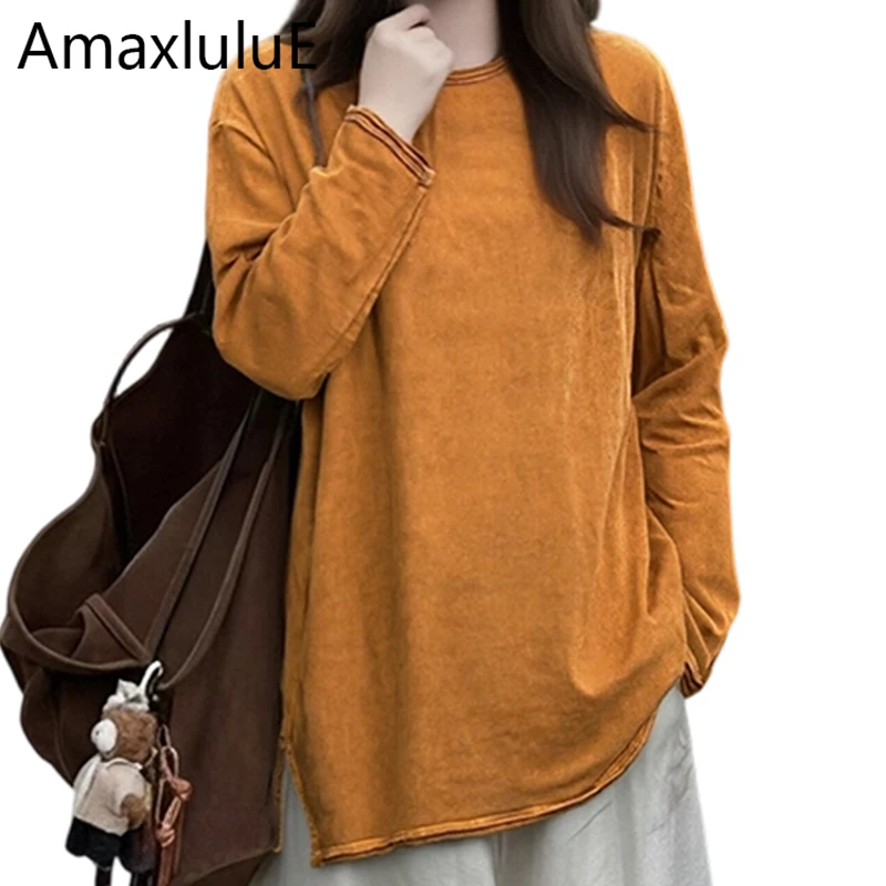 Amax LuluE Design Clothes Autumn Womens Fashion O Neck T-shirts 2026 Ladies Classic Vintage Loose Casual Long Sleeve Cotton Tops