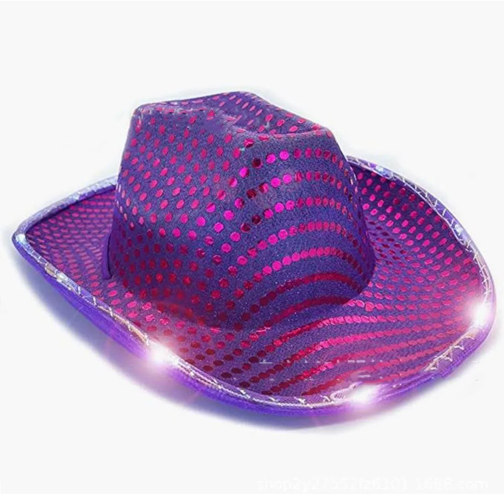LED Glowing Cowboy Caps for Women Men Christmas Halloween Carnival Costume Party Play Dress Props Western Sequin Cowgirl Hats