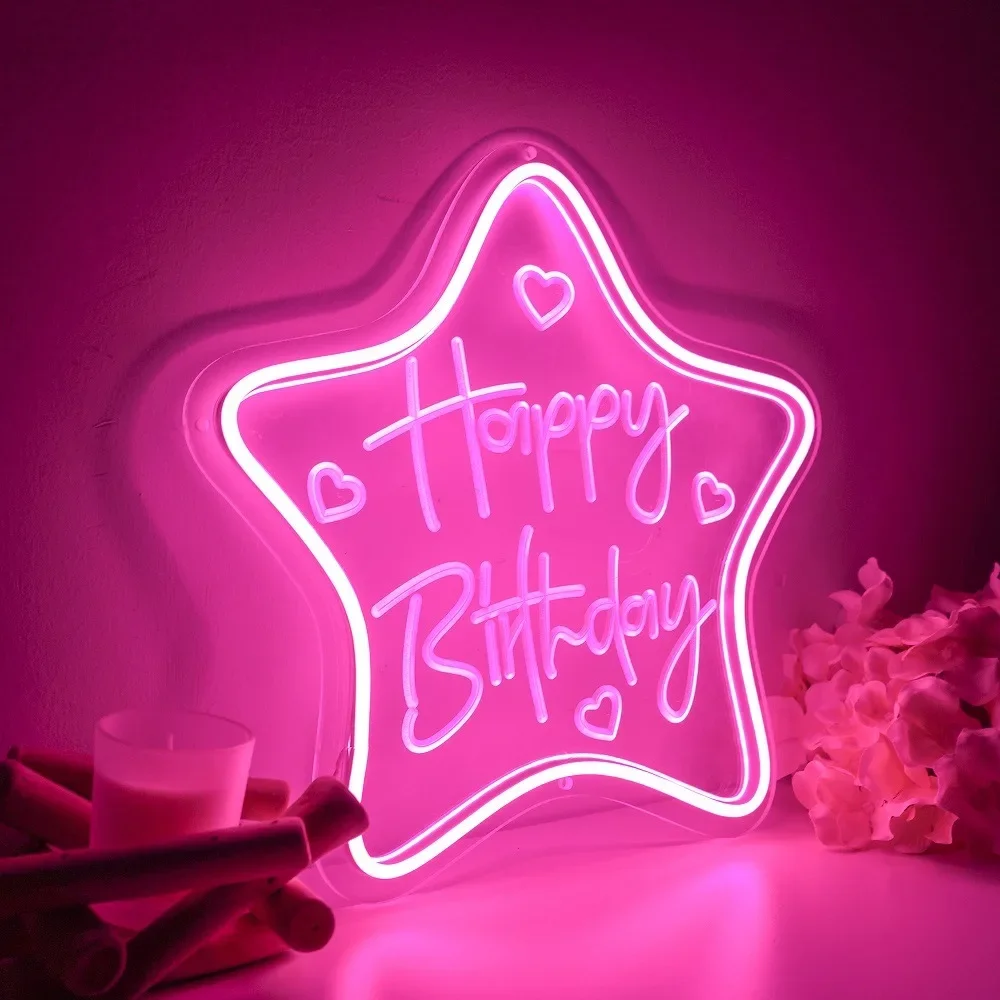 Happy Birthday Star Engraved Neon Sign Living Room Light on The Wall Birth Gift Decoration support Personal Customizable Neon