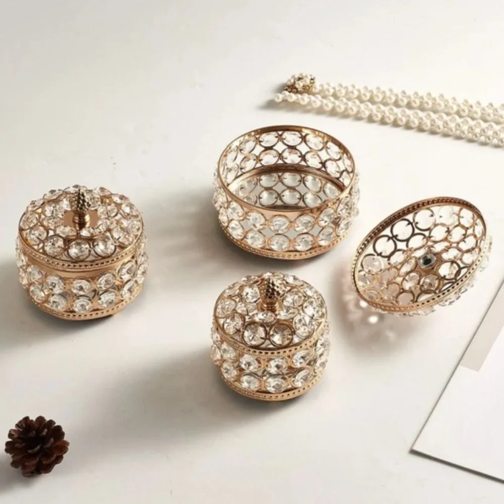 Portable Luxury Crystal Jewelry Box Glass Mirrored Round Earring Organizer Treasure Chest Handheld Keepsake Box Home Decor