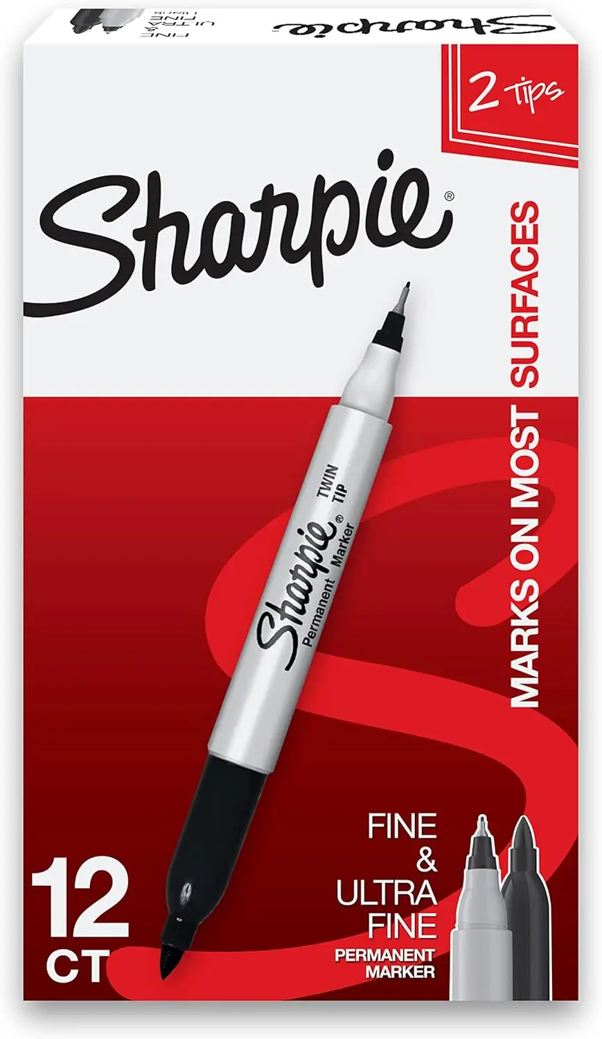 

Permanent Markers Twin Tip Fine and Ultra Fine Black 12 Count for Paper Plastic Metal