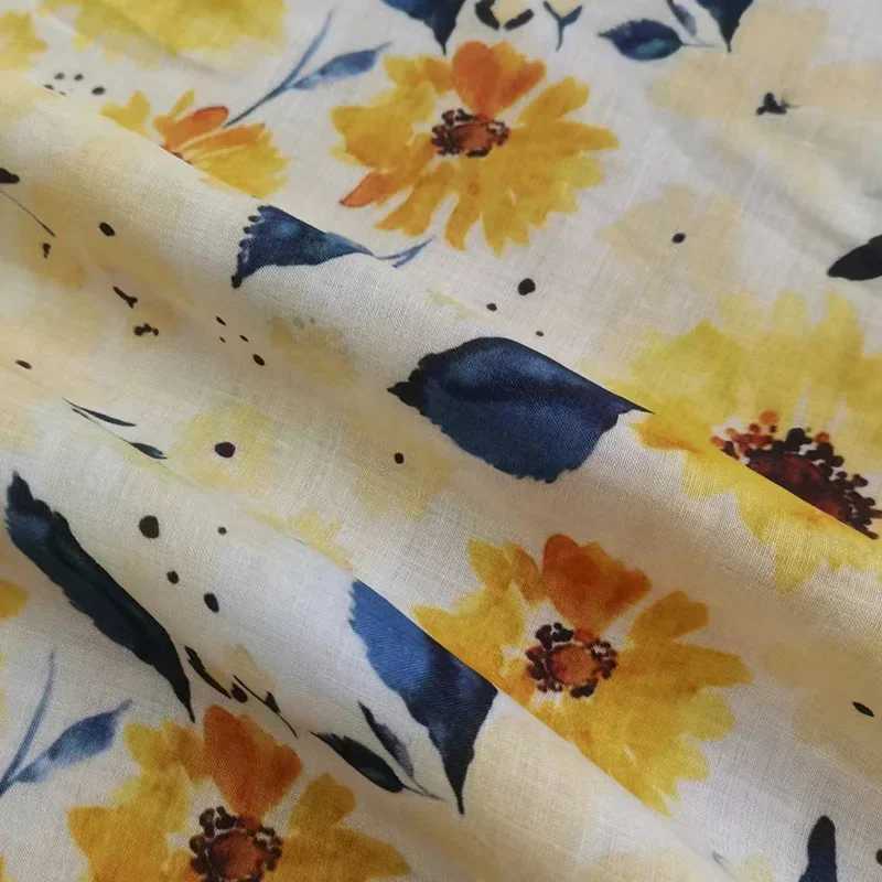 HGH high quality natural pure ramie sunflower flower lady cloth printed dress robe long summer thin DIY hand sewing 2024 50cm