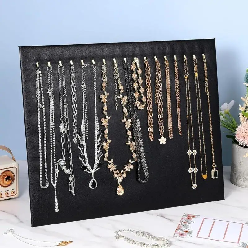   Set of 4 Black Jewelry Showcase Boards 17 Hooks Stand Sturdy Polyester Leather Wrap Suitable for Jewelry Easy Transport