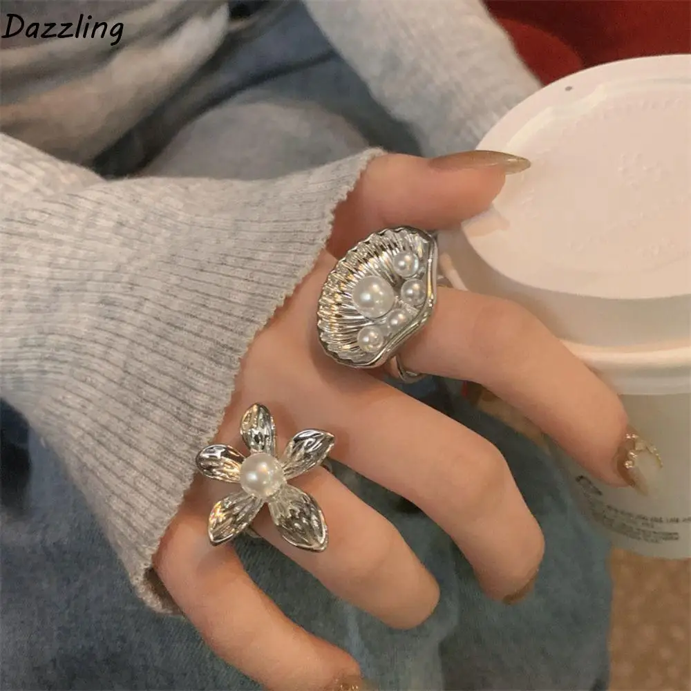 Geometric Lotus Pearl Open Ring Jewelry Accessories Alloy Geometric Open Ring Minority Design New Chinese Style