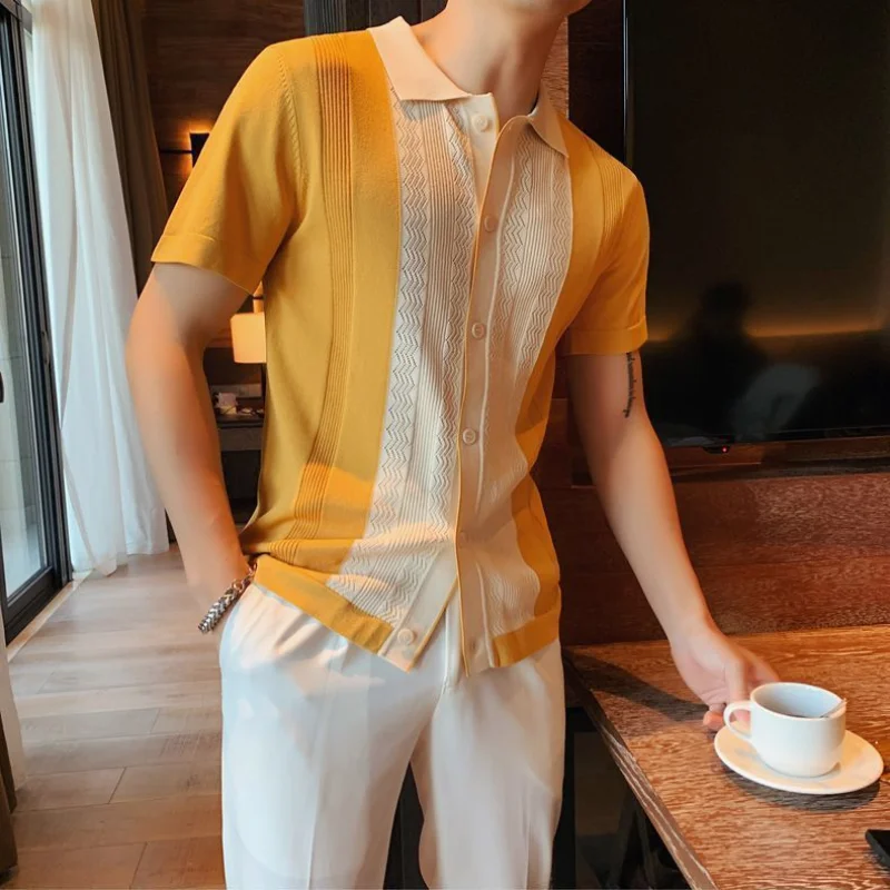 Korean Summer Men Knitted Shirts Streetwear Fashion Male Clothes New Contrast Color Slim Fit Short Sleeve Business Casual Tops