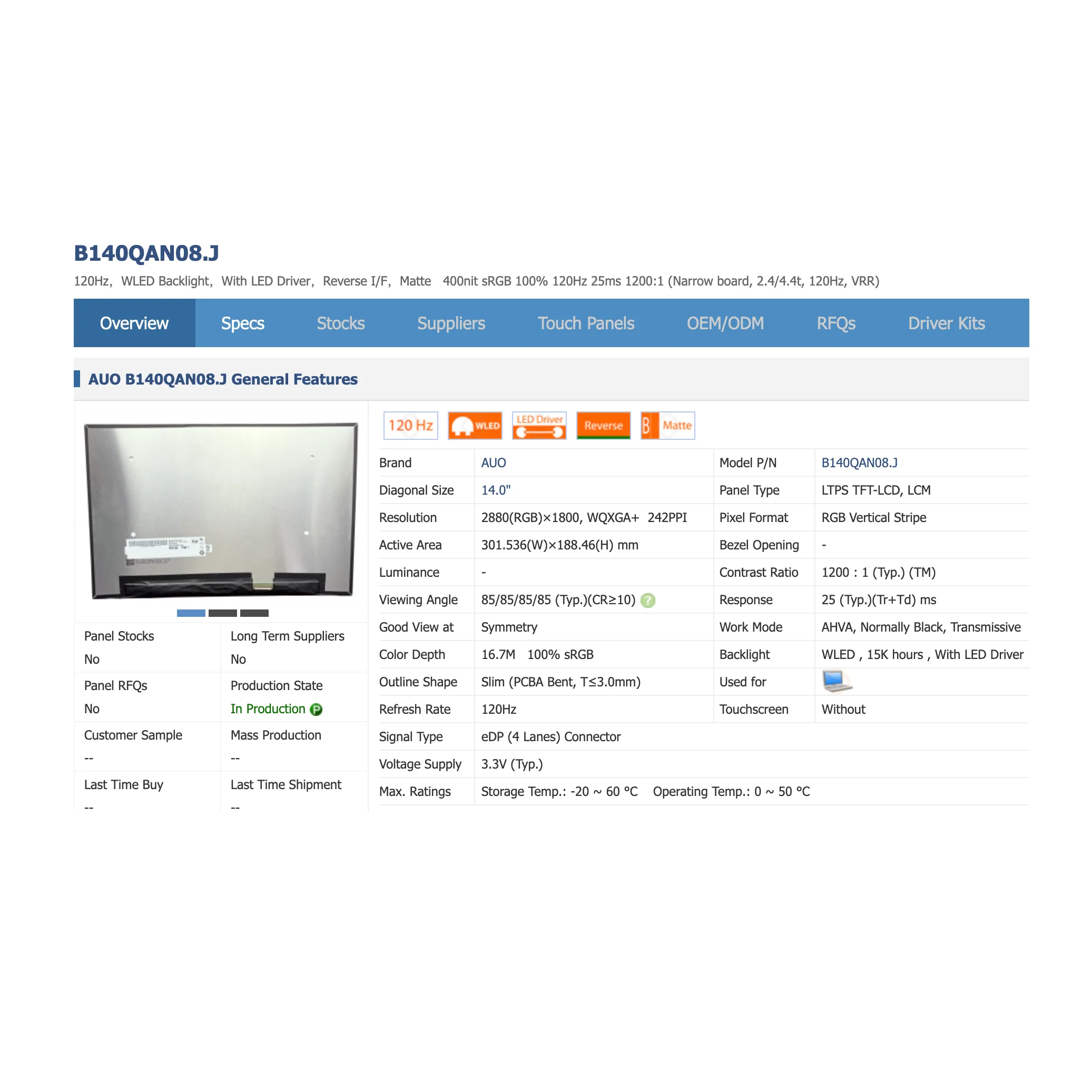 

B140QAN08.J IPS 14.0'' Original Display Panel Matrix Laptop LCD screen NEW