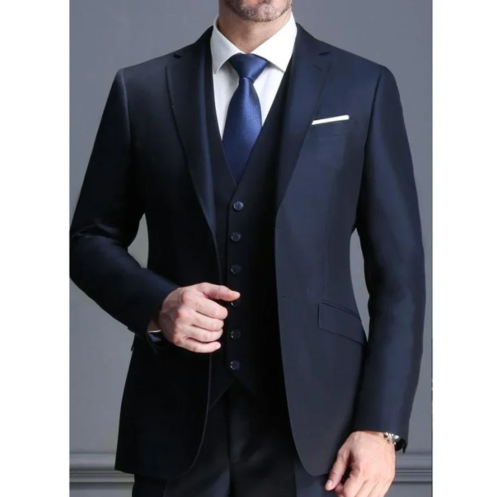 Elegant Suits for Men Navy Blue Fashion 3 Piece High-end Notch Lapel Blazer Vest Pants Business Formal Wedding Tuxedo Male Suit