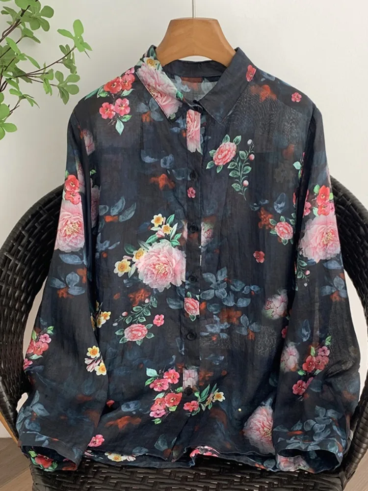 

Retro Peony Print Linen Long Sleeve Shirt Women's Autumn Casual Cotton Linen Base Top Fashion French Style Loose Fit Printed