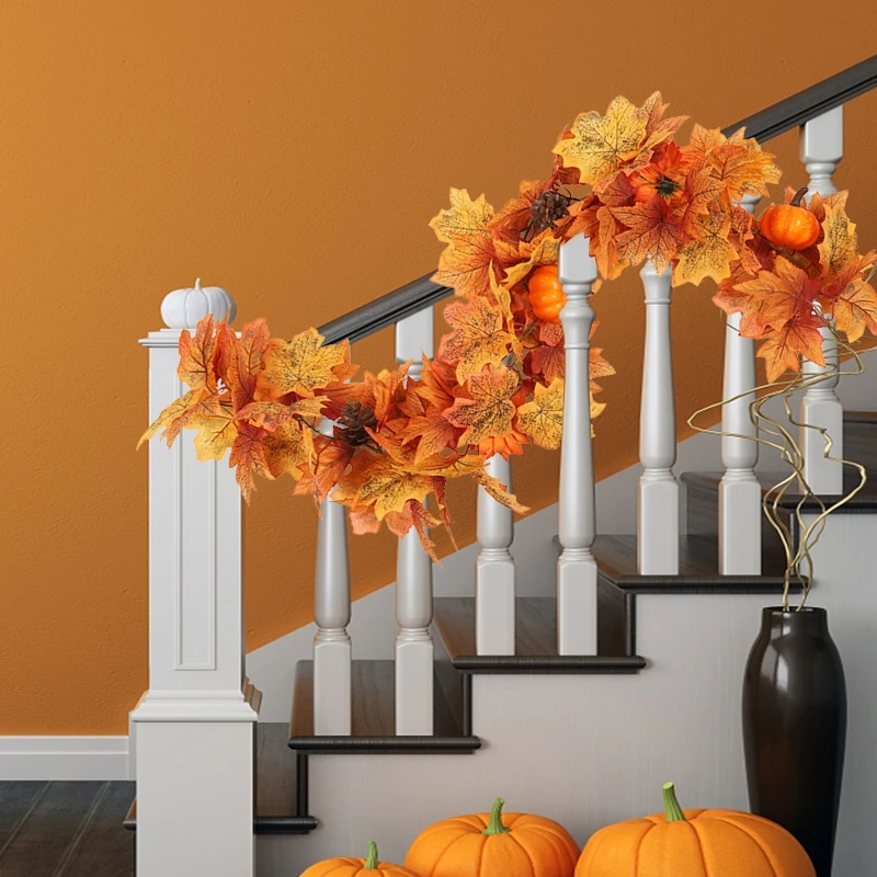 

Autumn Leaves Fall with Pumpkins Sunflowers Artificial Maple Leaf Wreath Home Decor Thanksgiving Decorations