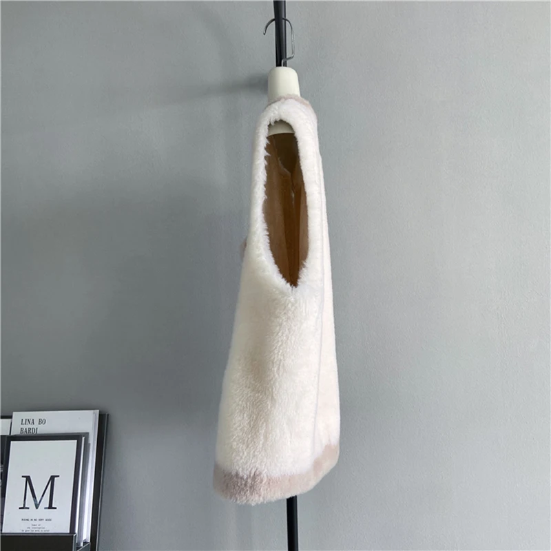 Autumn Winter Real Wool Vest Women New Loose Casual Suede Lining Patchwork Lamb Waistcoat Temperament Elegant Warm Female Tops