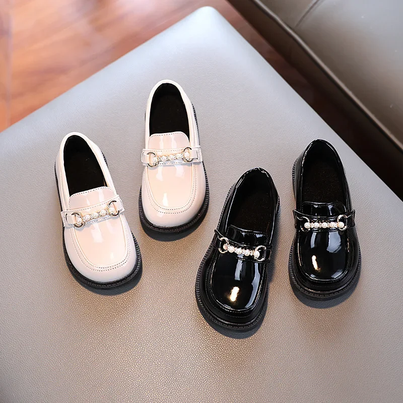 Girls Leather Shoe for School Party Wedding Kid Black Loafers Slip-on Child Flats Fashion British Pearls Beading New Girls Shoes