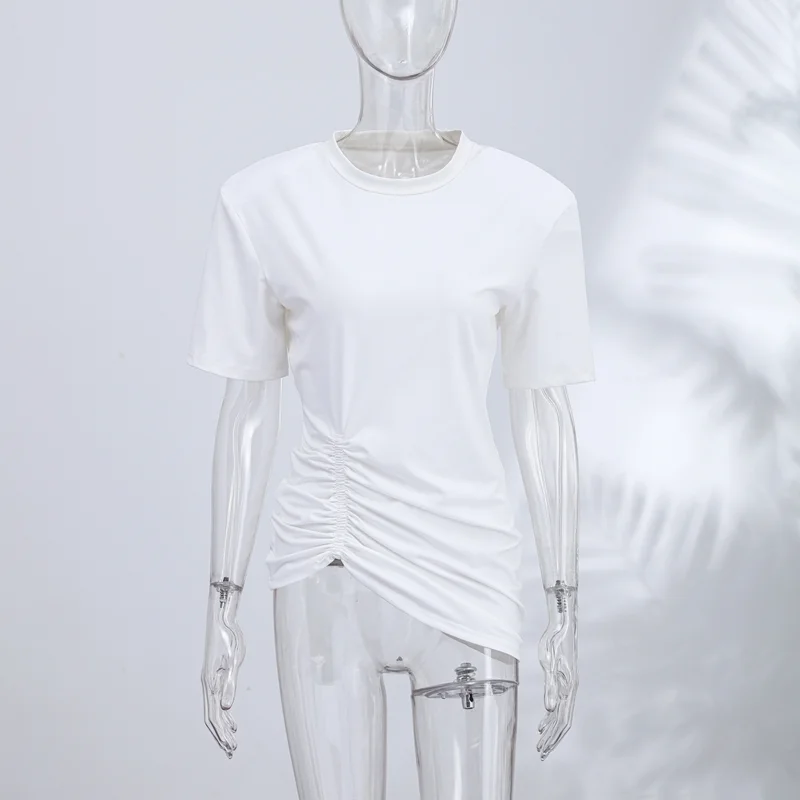 Lässiges, schickes, weißes, plissiertes Design-Top für Damen, trendiges, kurzärmliges, unregelmäßiges T-Shirt mit Rundhalsausschnitt, für den täglichen Pendelverkehr, Street-Outfit, neu – Detail 5