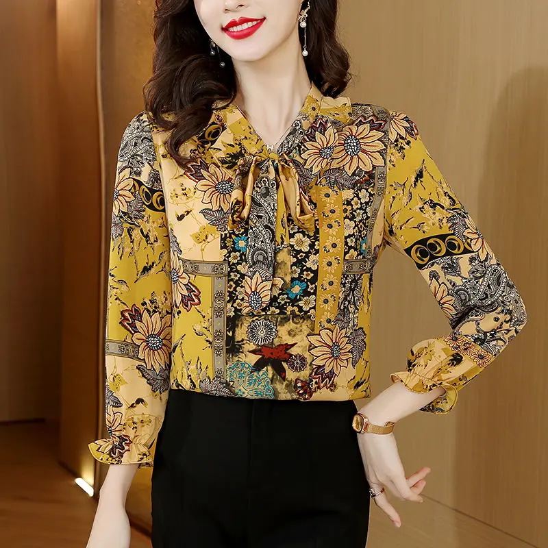 Office Lady V-Neck Stylish Drawstring Bow Shirt Vintage Floral Printed Folk 2023 Spring Autumn Women's Clothing Straight Blouse