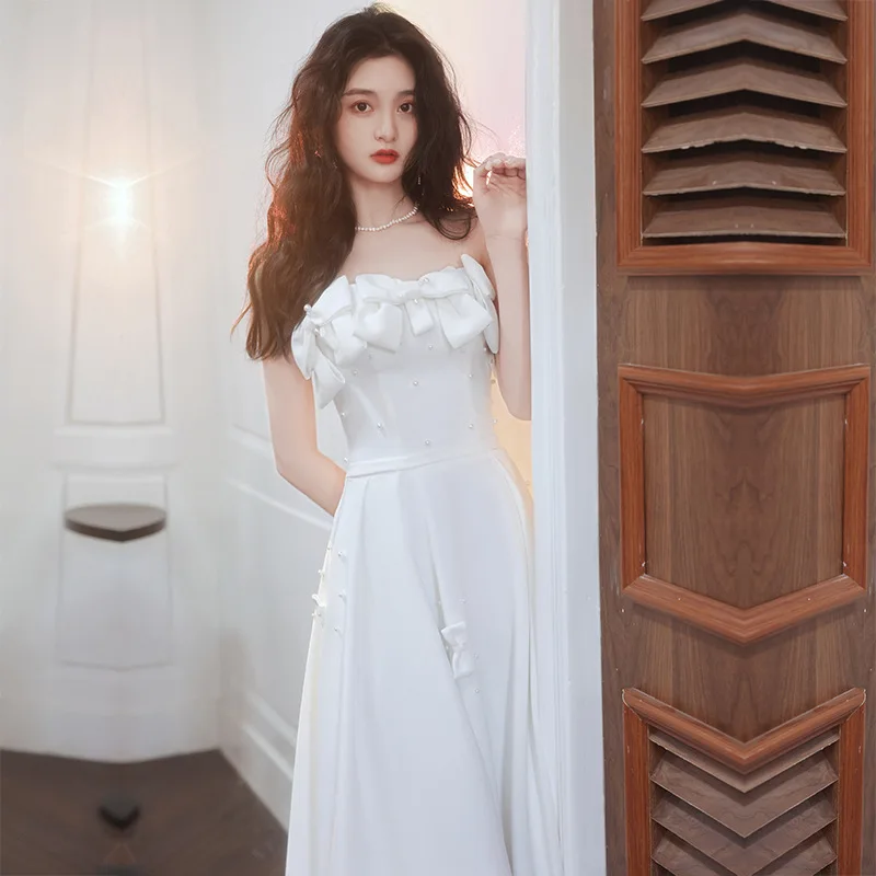 

Simple White Strapless Evening Dress French Style Classic Bow Backless Banquet Dresses Elegant Pearls Long Quinceanera Gown