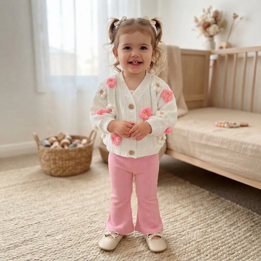 Baby Girls 2Pcs Outfit Spring Knit Cardigan with 3D Flower Applique + Pink Flare Pants Toddler Cute Clothing Set
