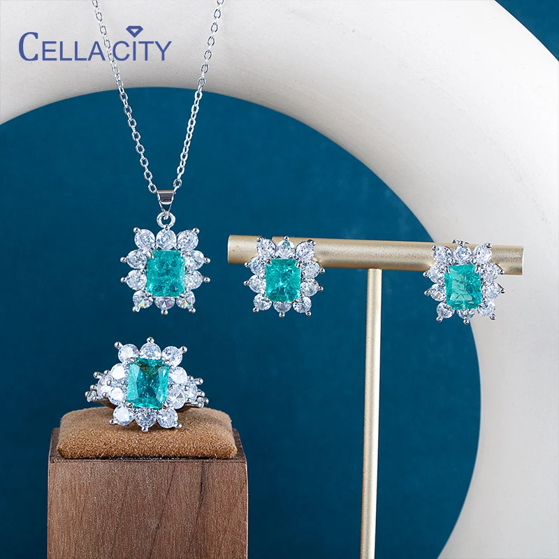 Cellacity Women Brazilian Paraiba Tourmaline Gemstones jewerly set with rectangle stone ring earring neckalce wedding party gift