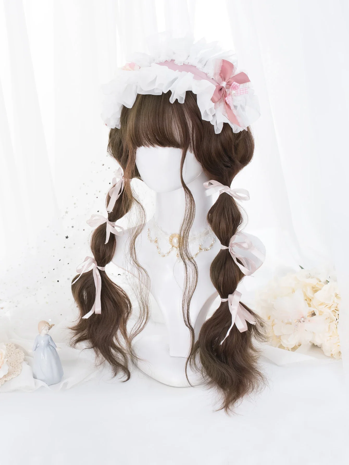 26Inch Chocolate Color Synthetic Wigs with Bang Long Natural Wavy Hair Wig for Women Daily Party Cosplay Heat Resistant Lolita