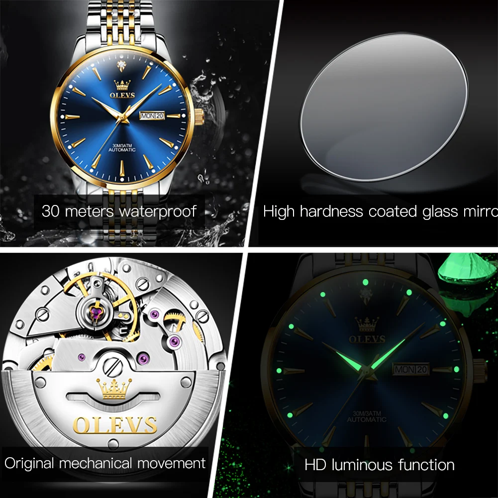 OLEVS 6635 Luxury Brand Couple Watch Chronograph Date Automatic Mechanical Wristwatch Waterproof Stainless Steel Watch for Lover