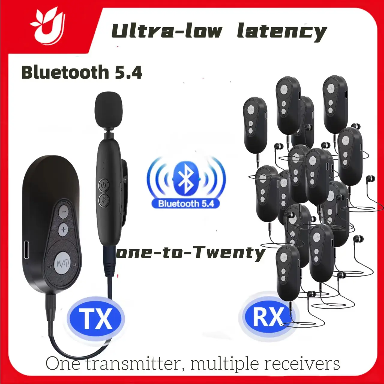 Bluetooth 5.4 LE Audio one transmitter and multiple receivers, 1 to N, ultra-low latency, power on and connect in seconds