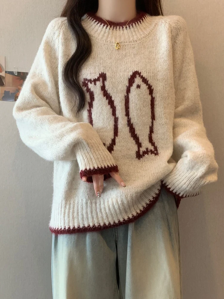 

2025 Casual Loose Sweaters Oversized Long Sleeve Jacquard Contrast Color Pullovers Autumn Winter All Match Design Women Clothing