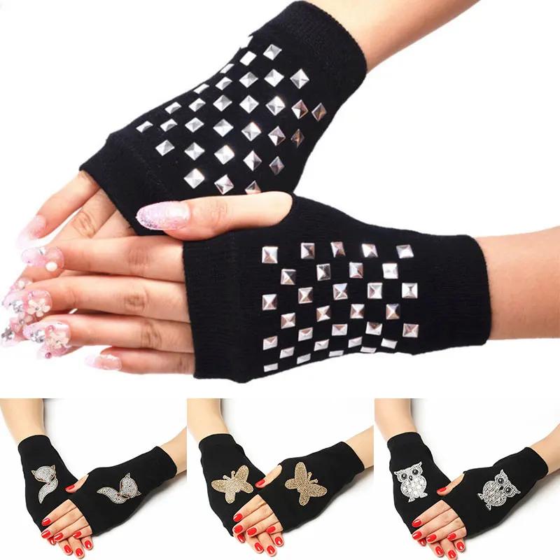 

Women's Half Finger Knitted Gloves High Quality Rhinestone Warm Gloves Ins Autumn Winter Adult Warmer Fingerless Mittens