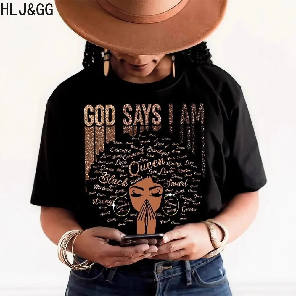 

HLJ&GG Black Summer New Letter Print Loose Tshirts Women Round Neck Short Sleeve Tops Fashion Ins Pullover Top Streetwear 2025