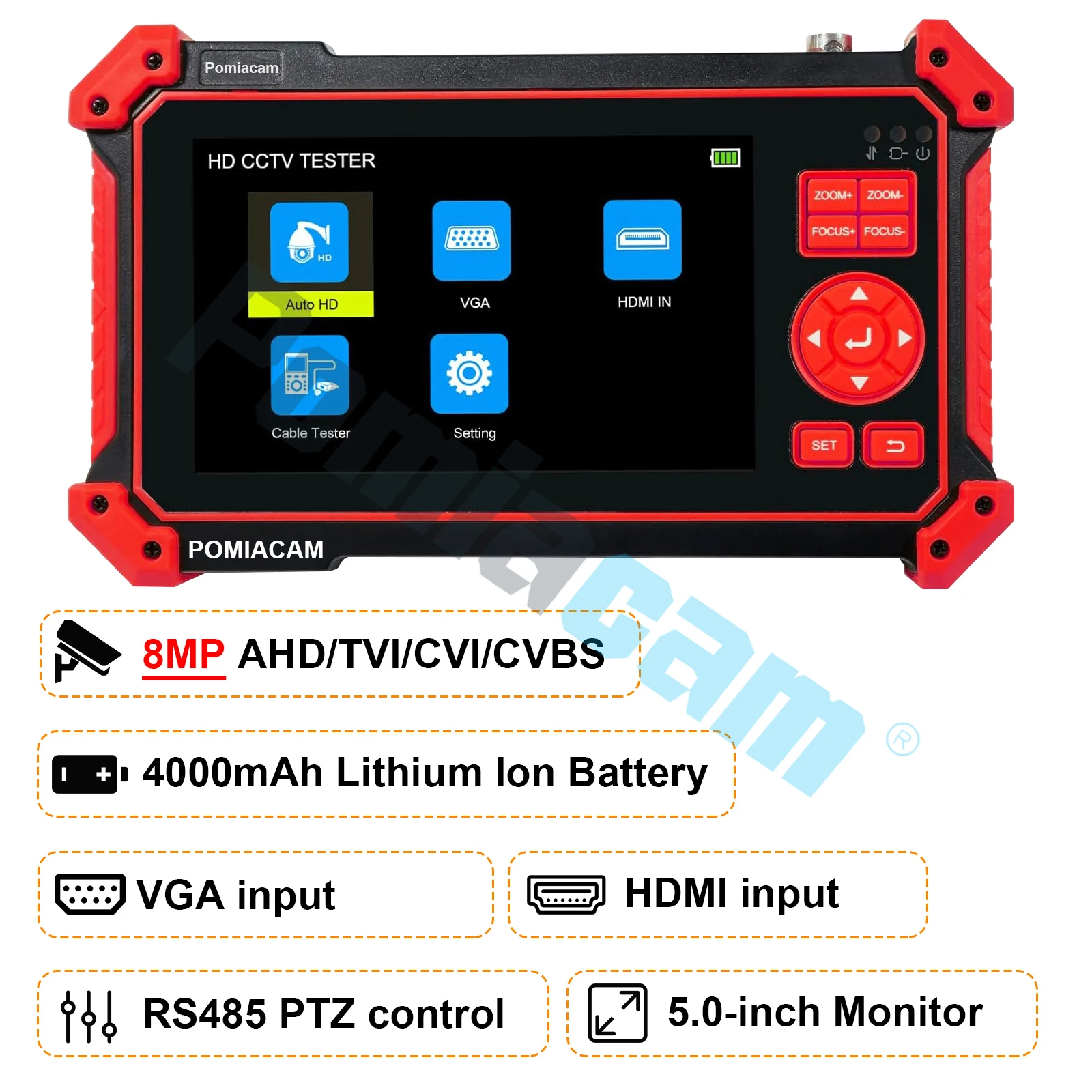 

CCTV Camera Tester 8MP TVI /CVI /AHD /CVBS Analog Camera Tester 5inch Screen HDMI & VGA in PTZ Control 12V Power Output HD-2950