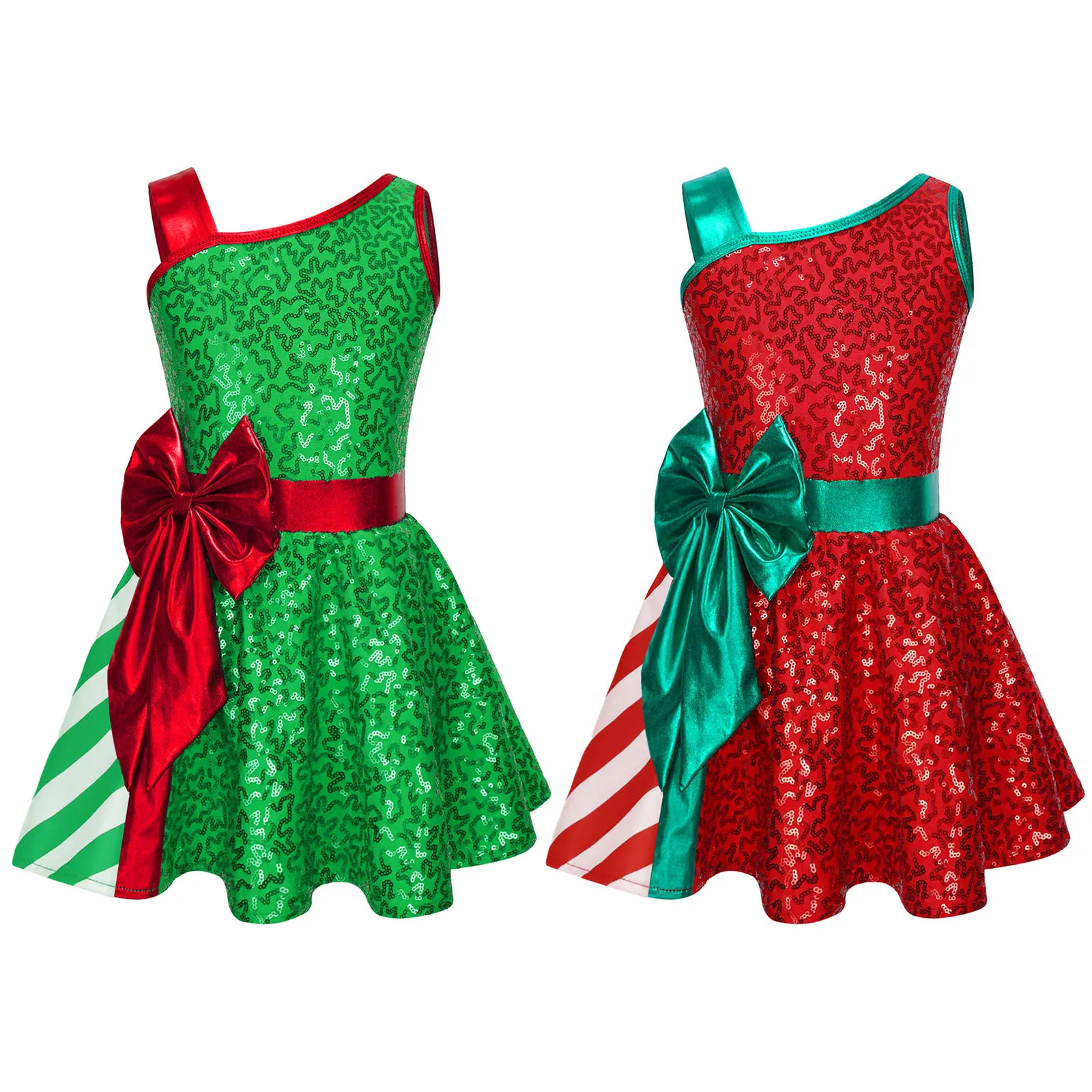 Kids Girls Christmas Ballet Dance Leotard Dress Sleeveless Shiny Sequin Skating Gymnastics Tutu Xmas Santa Elf Cosplay Costume