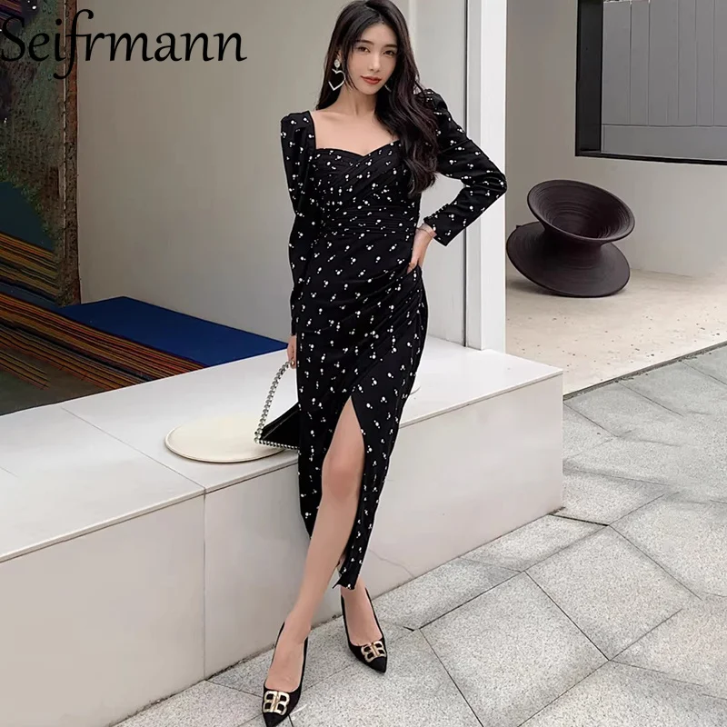 

Seifrmann 2026 Summer Women's New Fashionable Square Collar Long Sleeve Printed Waist cinching Long Dress
