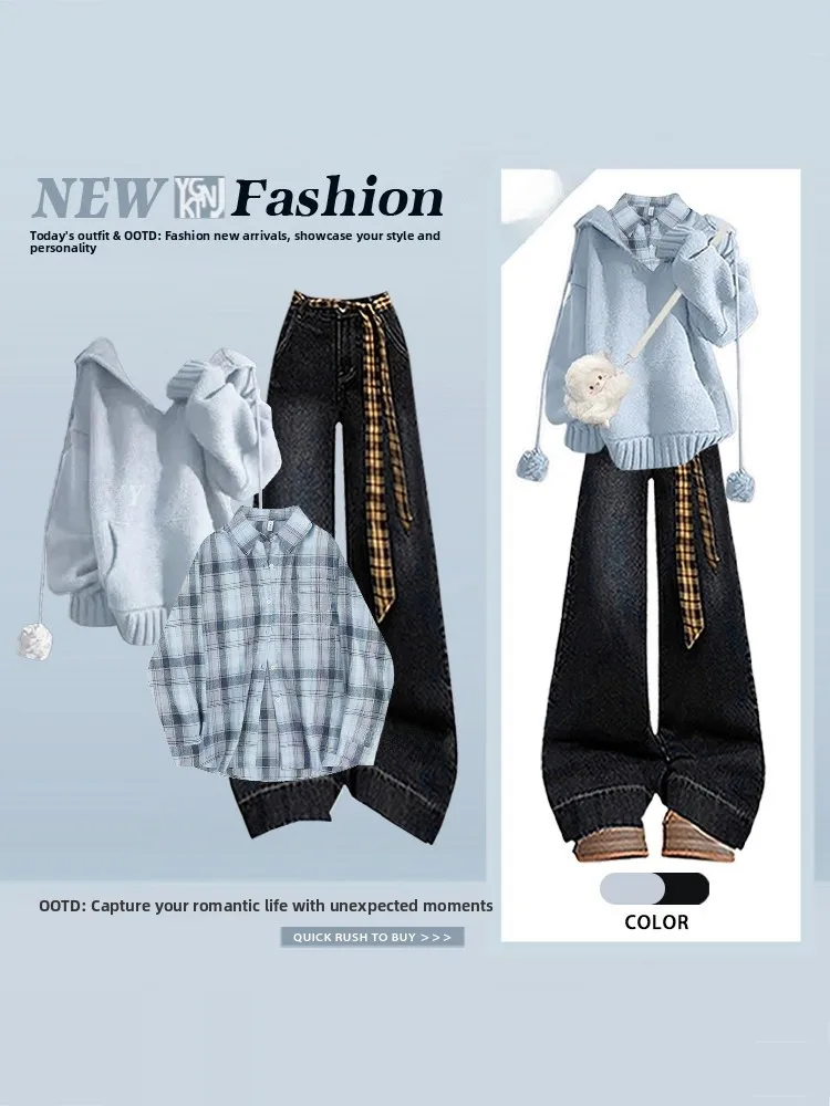 

Faionable College Sle Tee-Piece Set Women's Loose Hoodie Plaid irt Denim Pants Spring Outfit Casual Knitted Sweater