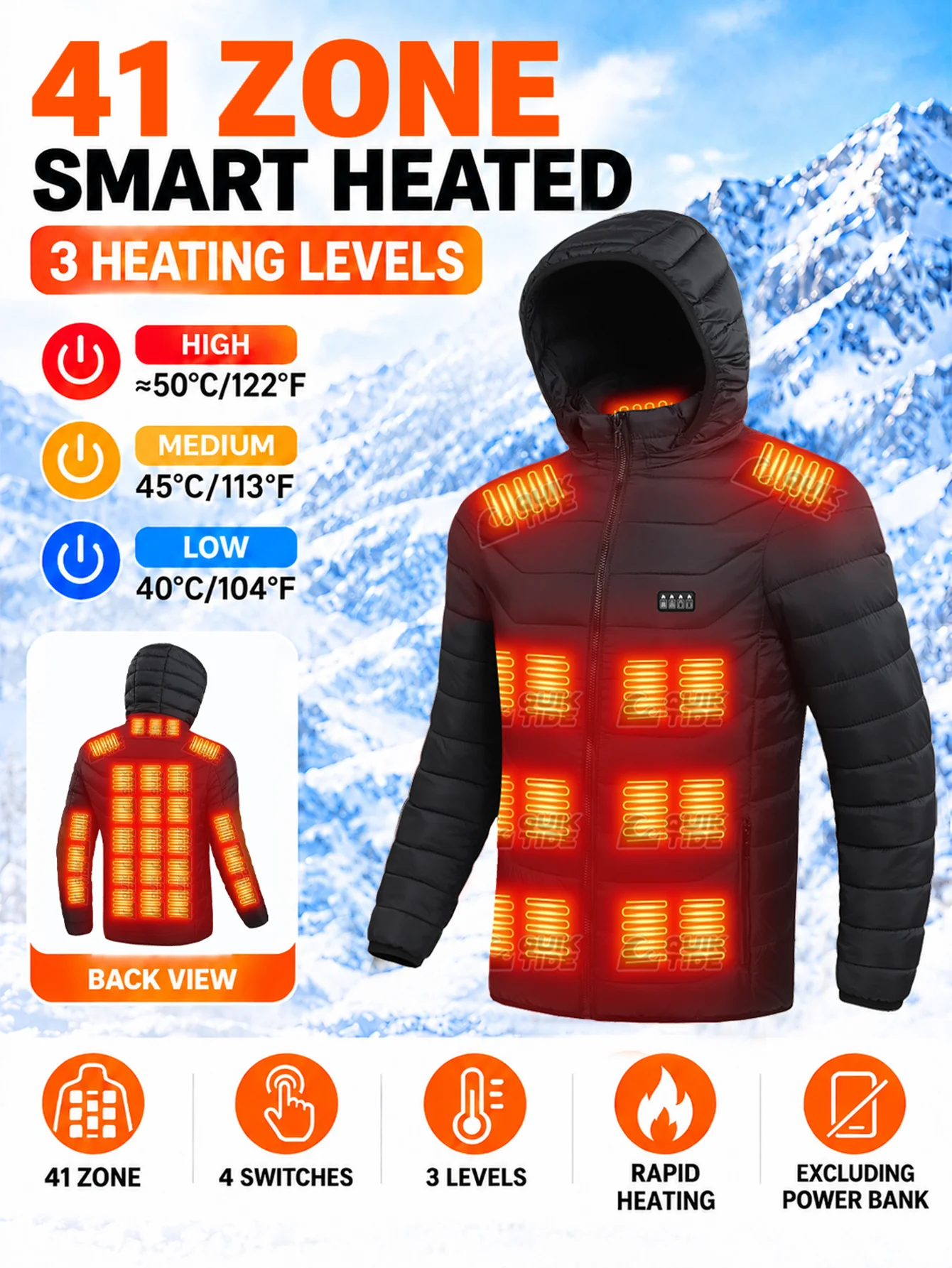 Winter Heated Coat for Men | 41/37/21/15 Heating Areas, 4 Switches, 3-Temp Options | Great for City Commute, Ski Trips