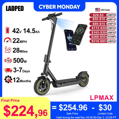 LADPED LPMAX-patinete eléctrico plegable, neumáticos de 10 ", 22MPH, velocidad máxima, 500W, 14,5AH, 28 millas, amortiguador doble de largo alcance