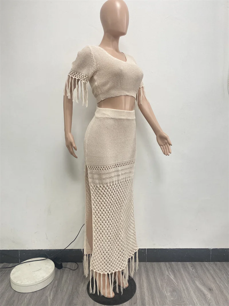 Hand Crochet Knitted Tassel Two Piece Set Women Summer Beach Dress Suits Hollow Out Short Sleeve Crop Top Side Split Maxi Skirts