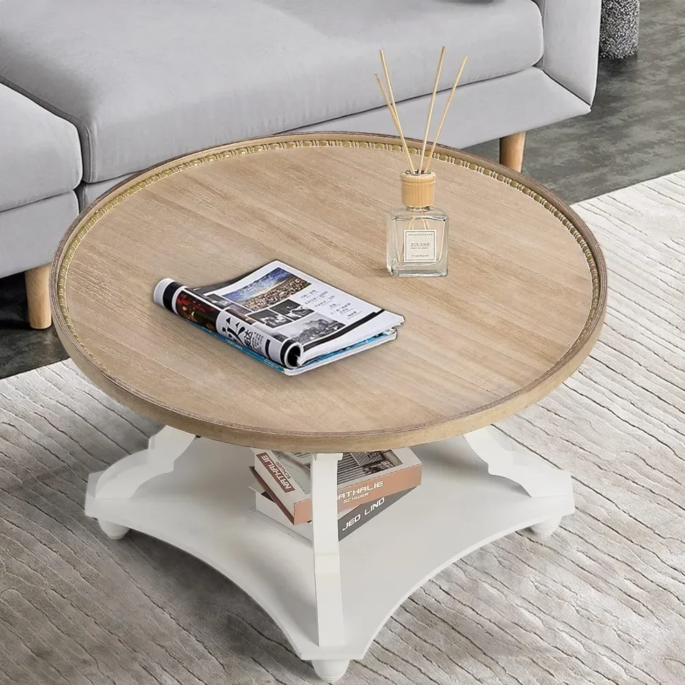 Wooden tray top circular coffee table with storage rack, rustic style living room and retro finish, free shipping