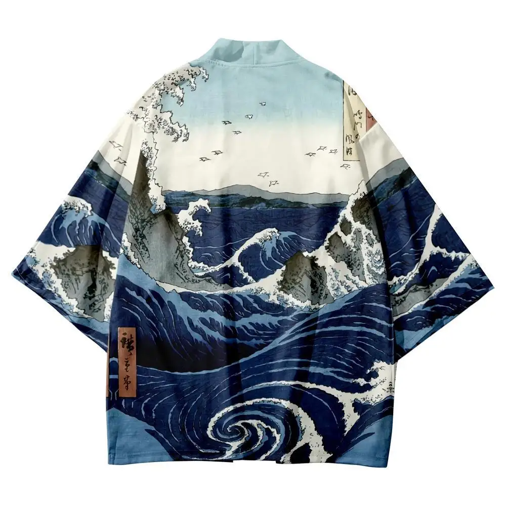 Vintage Japanese Style Waves Print Kimono Shirt Clothing Traditional Haori Women Men Streetwear Cardigan Yukata Cosplay