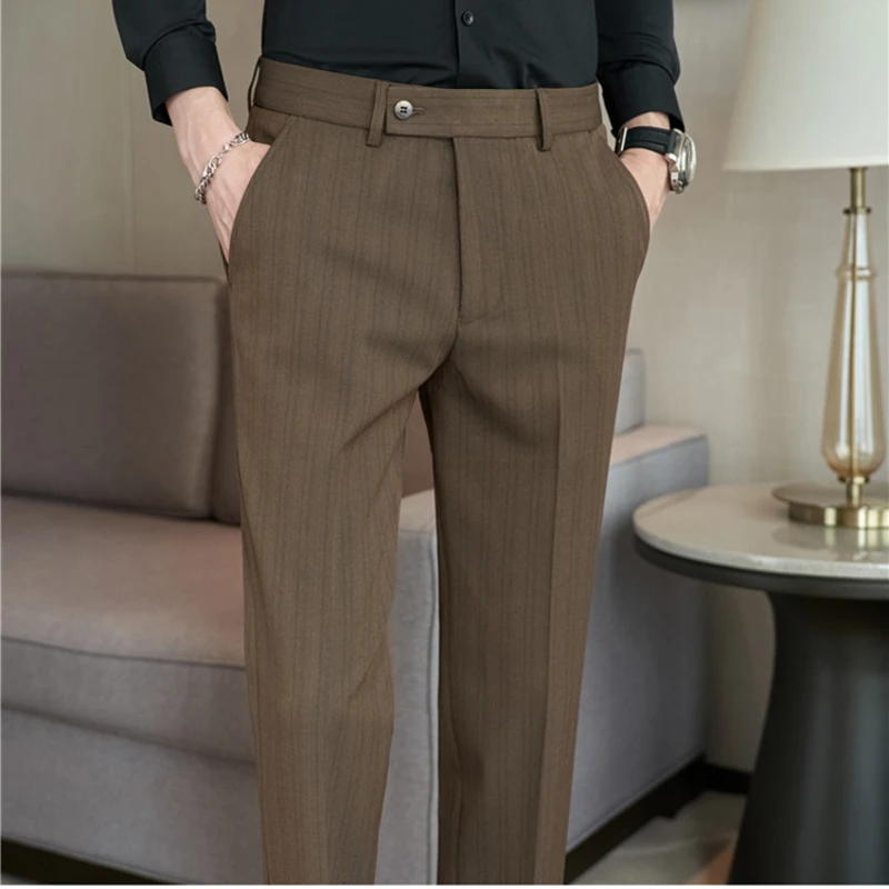 2023 Men's New Color-woven Textured Striped Trousers Elastic Casual Pants Slim Fit Tapered Suit Pants Luxury Authentic