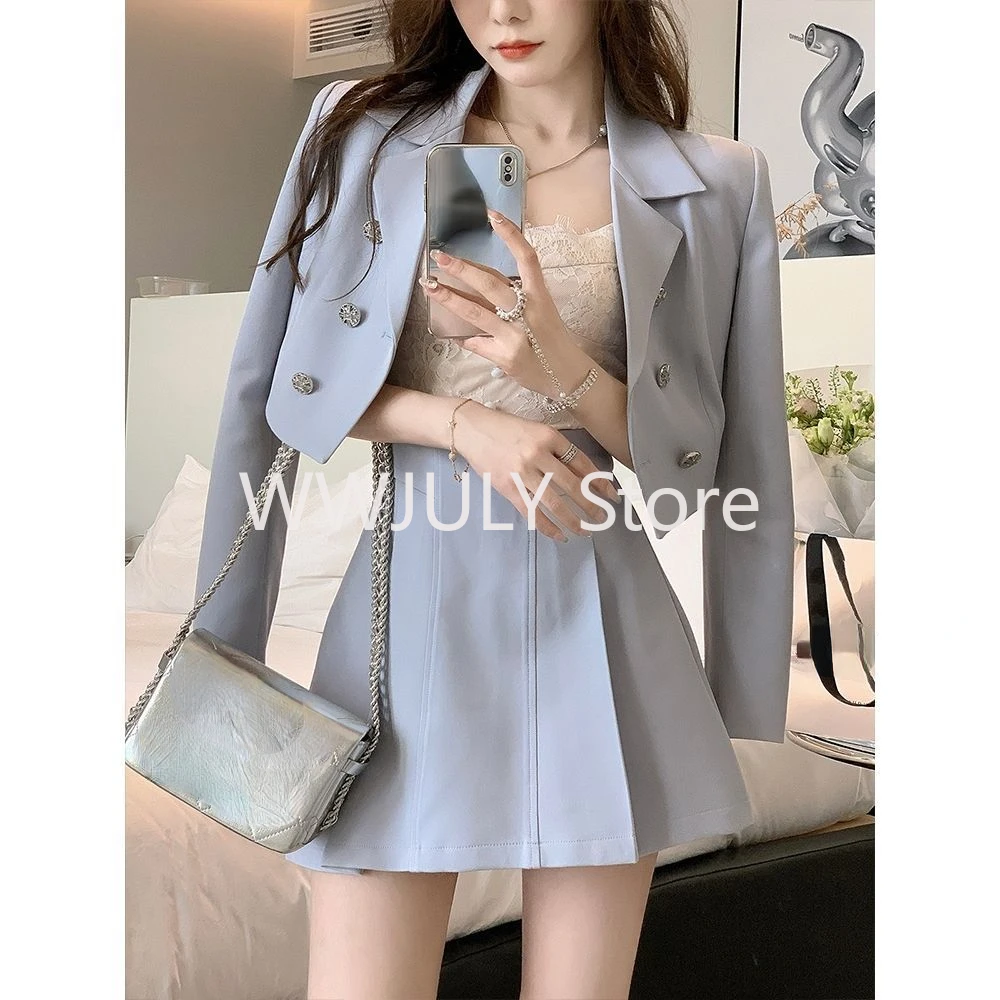 2024 nuove donne blu vestito corto cappotto minigonne abiti moda coreana blazer vita alta gonna a trapezio due pezzi set Chic