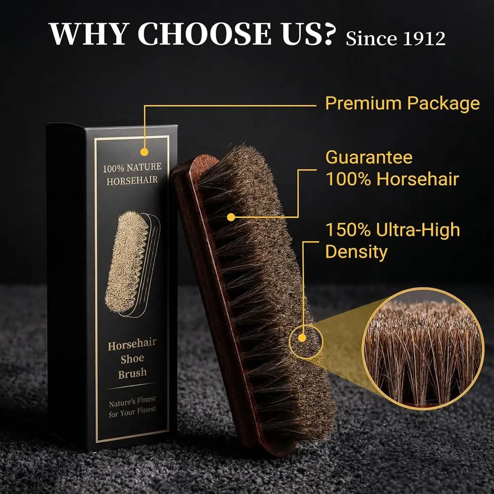 7 Inch Horse Hair Shoe Brush for Polishing and Shining Leather Shoes, Boots, Bags, and Furniture