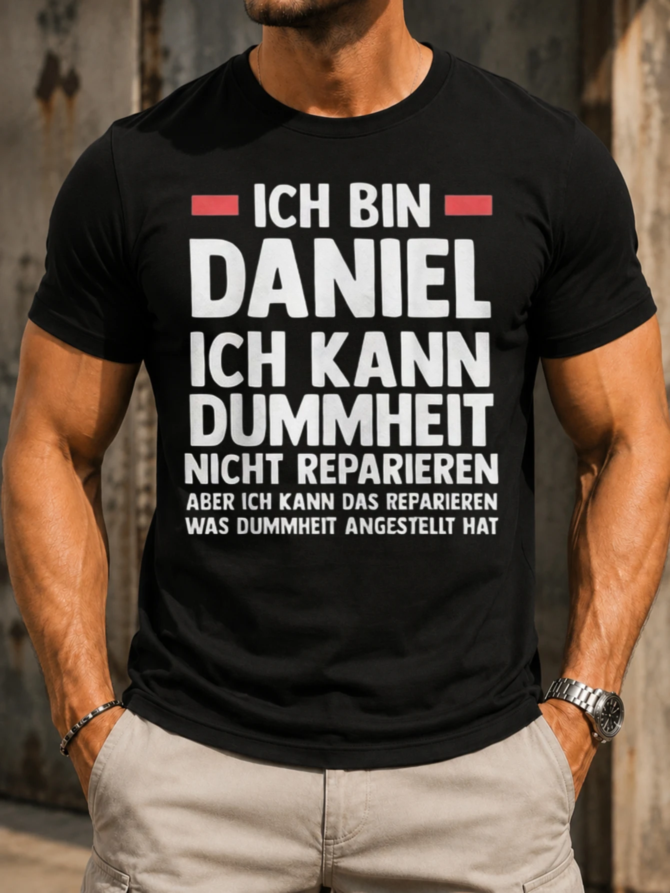 Daniel repair worker joke about fixing damage caused by foolishness Illustrated with bold themed  Unisex All T-Shirt