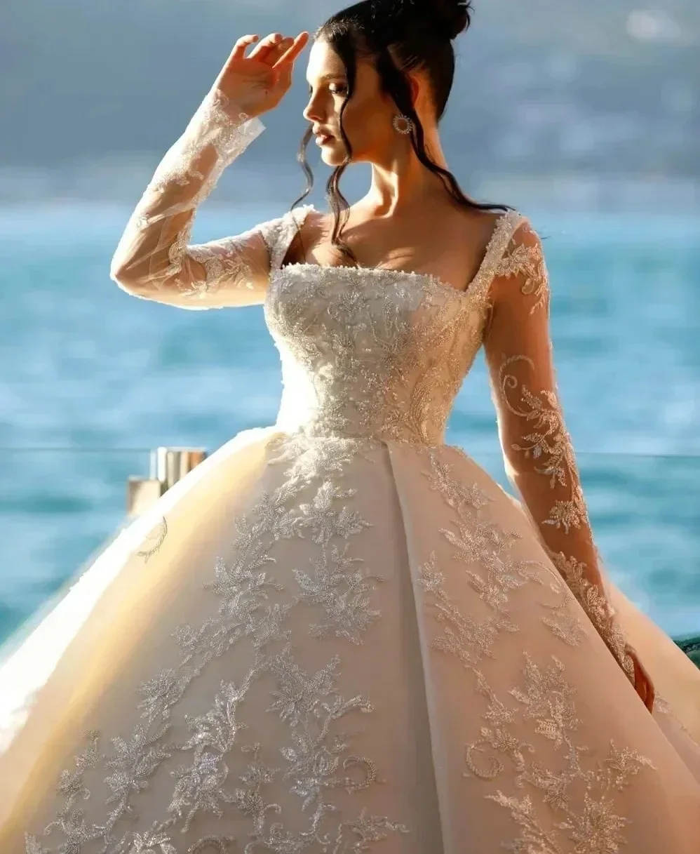 

Индивидуальные роскошные свадебные платья-баллоны 2026 года с воротником, кристаллами и бисером, длинными рукавами, для африканских невест, вечерние платья Vestidos De Noiva