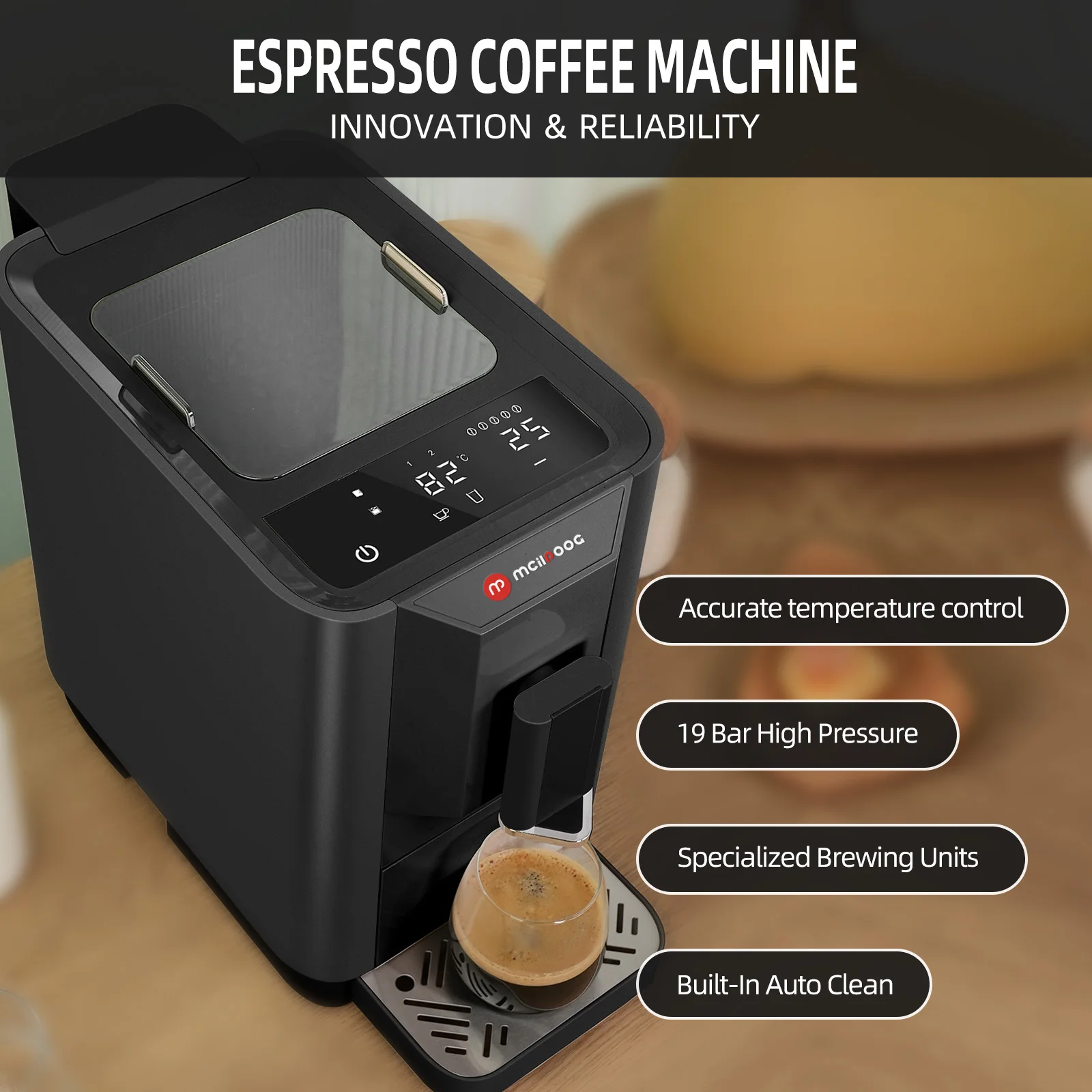 Mcilpoog ES320 Fully Automatic Espresso Machine,Compact Automatic Espresso Machine with Grinder, Intuitive Touch Screen, 4 Coffe