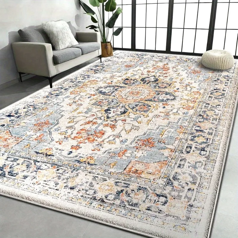 Soft Distressed Vintage Floral Flannel Rug Non Slip Indoor Area Carpet Light Tone Floor Mat for Living Room Bedroom Home Decor